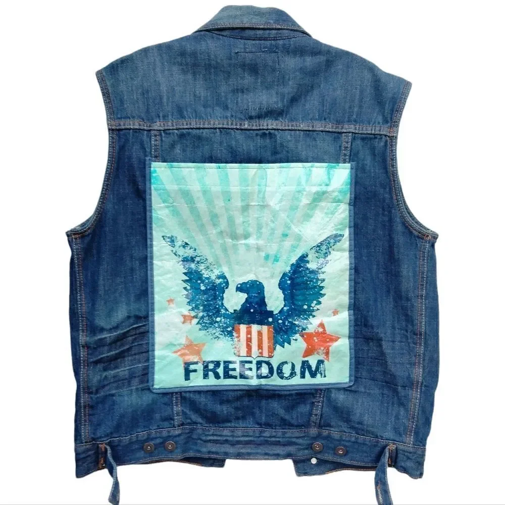 Basic Code Denim Vest Size L Patches Back Panel Freedom - Picture 2 of 7